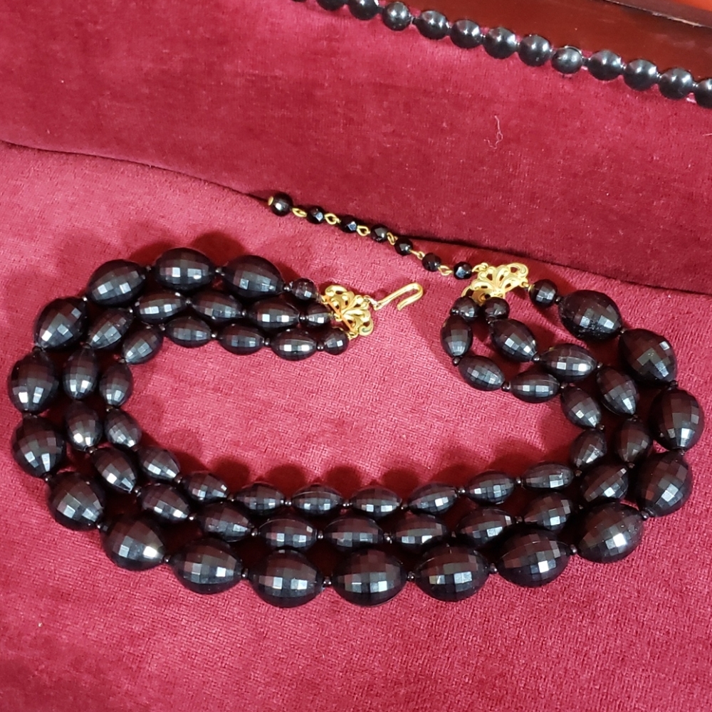 Vintage Black Synthetic Triple Strand Necklace